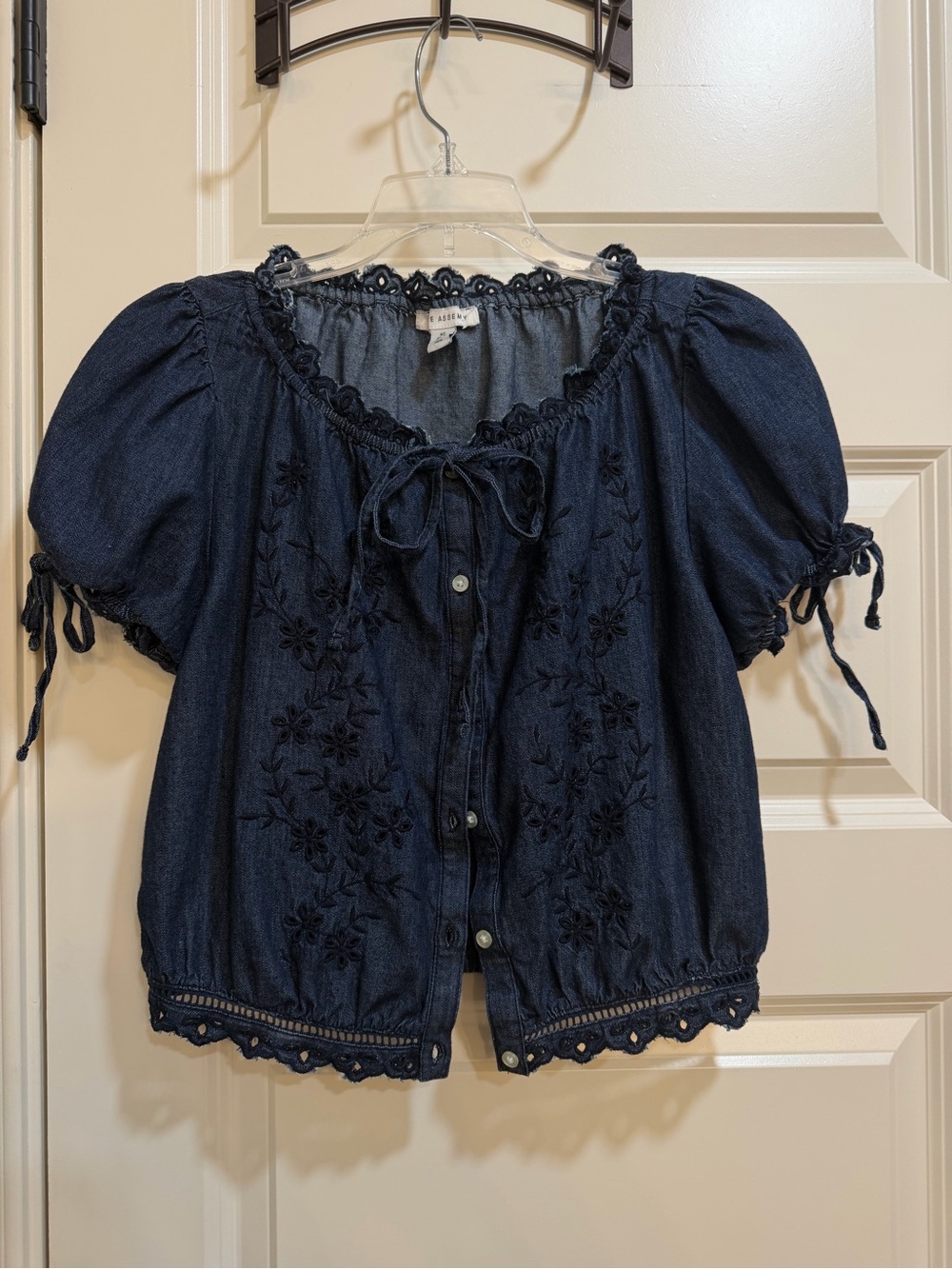 Free assembly women’s dark denim Embroidered Puff Sleeve Top